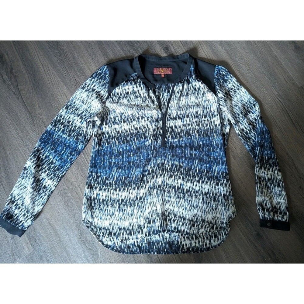 7 For All Mankind Abstract Printed Chiffon Sheer Long Sleeve Split Neck Blouse L